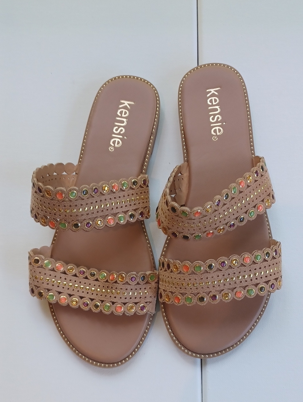 Kensie Beige Mina Slide Sandals with Laser Cut Double Straps & Stud Details